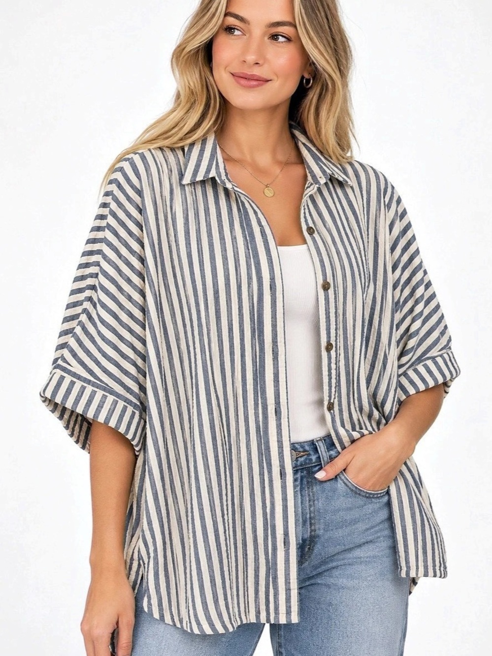 J Jill Striped Cotton Button Down in Blue & Cream XL Like New